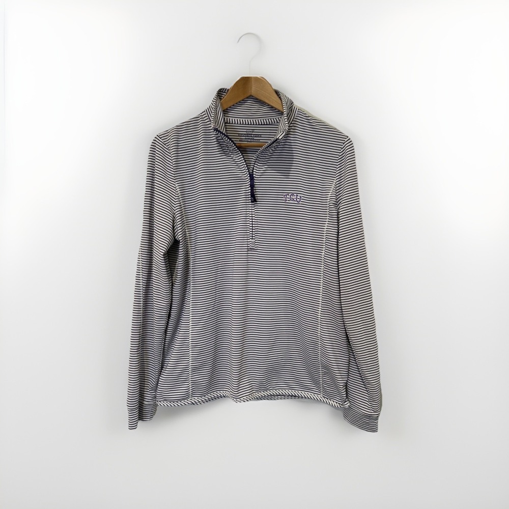 Vineyard Vines TCU Womens Quarter Zip L Purple Pullover Top Sankaty Stripe